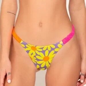 Oneone Swim Neon Orange Purple Pink Flower Thong Bikini Bottom